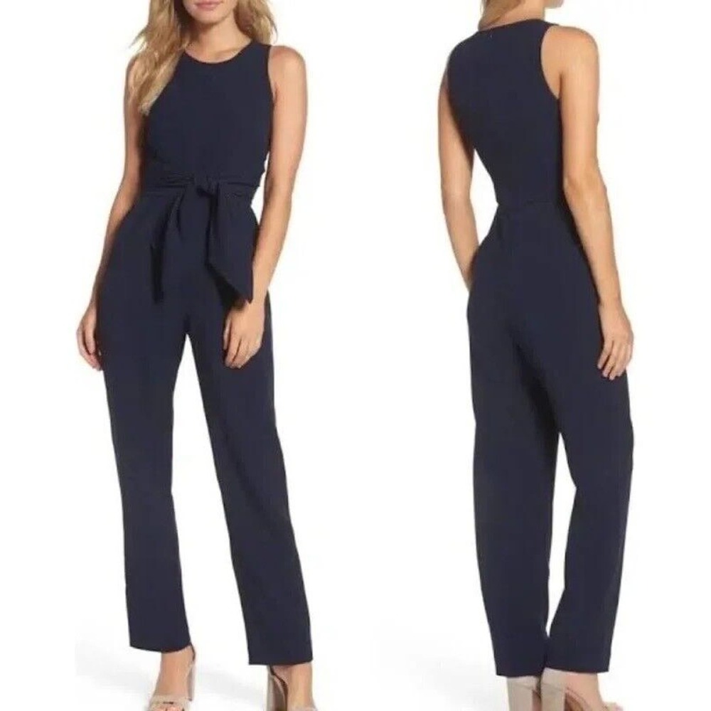 Eliza J Navy Sleeveless Tie-Waist Jumpsuit